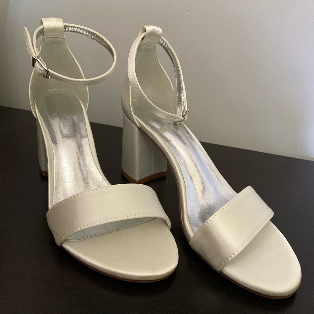 White Satin Block Heels
